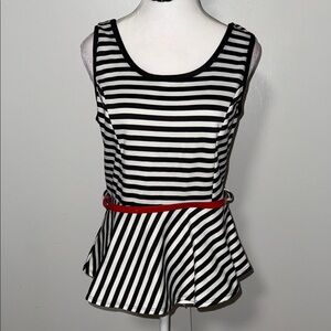 Forever 21 Black and White Striped Peplum Tank with Red Belt